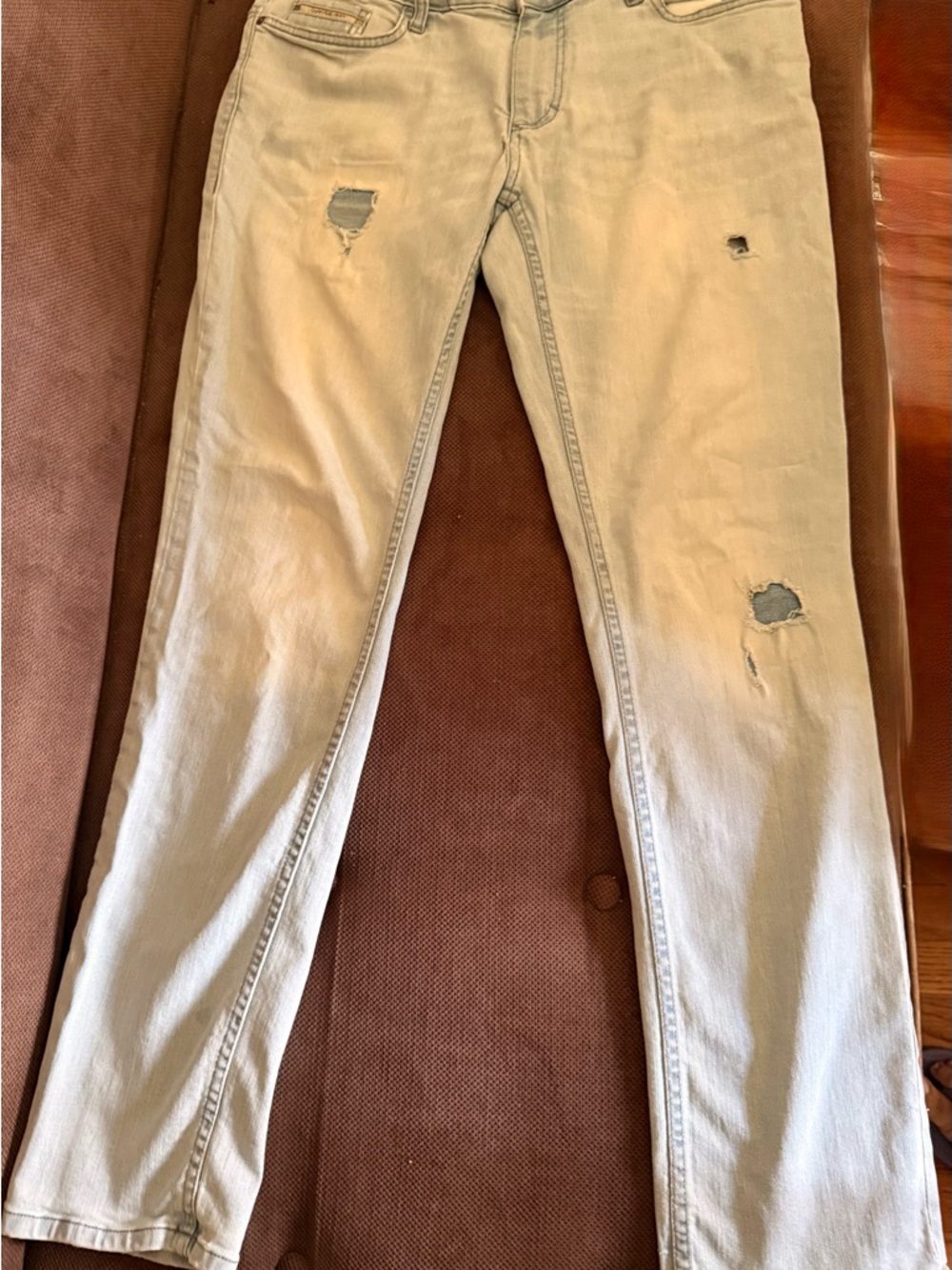 CALVIN KLEIN-Light Wash Distressed Skinny Jeans
